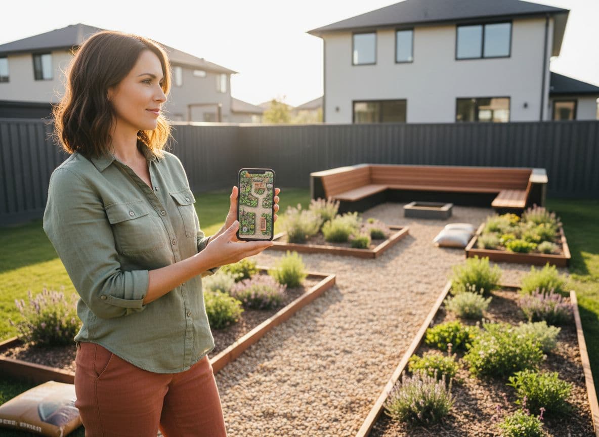 Homeowner comparing an AI garden design on a phone with their real backyard