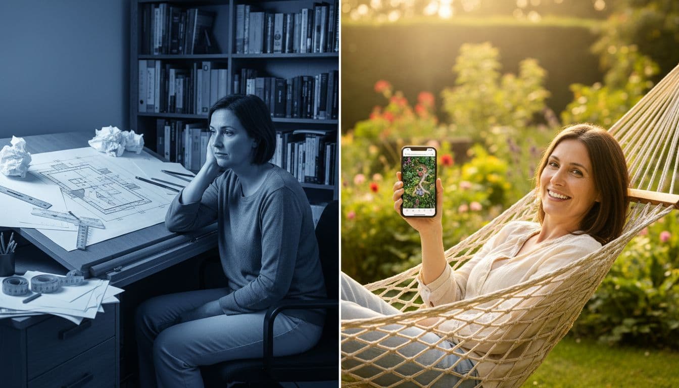 Split image comparing overwhelmed traditional garden planning with relaxed AI garden design on a phone