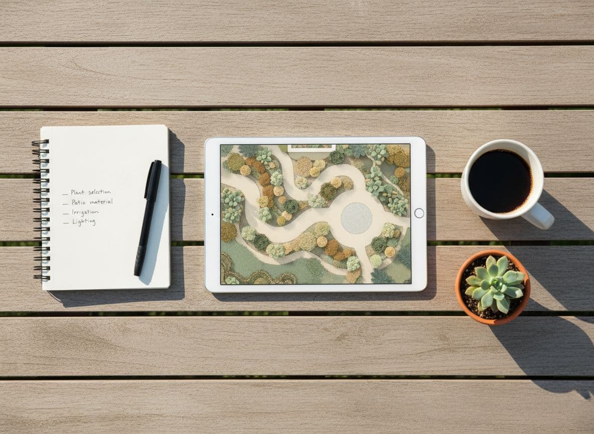 Tablet and notebook checklist used to evaluate AI garden design apps
