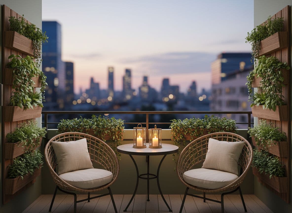 Cozy AI balcony garden design with vertical planting and seating