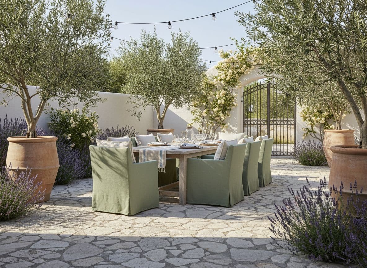 Mediterranean AI patio design with olive trees and natural stone